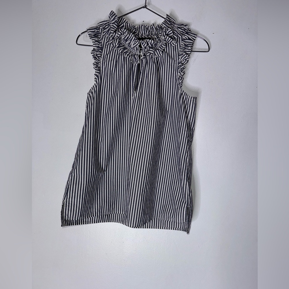 J Crew Ruffle Top Sleeveless Blue White Striped Poplin Shirt Style‎ G0825 Size 4